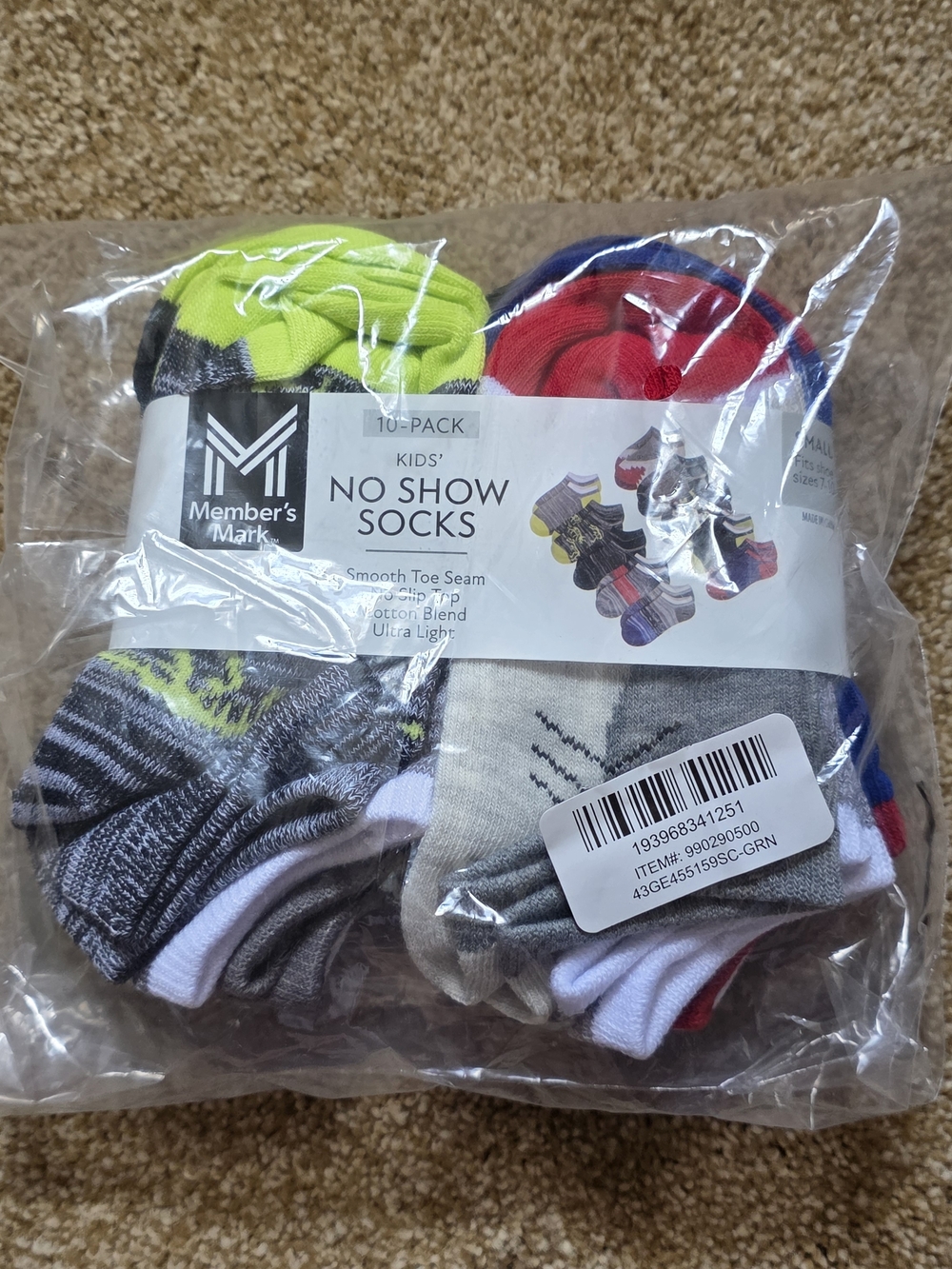 Member's Mark Boy's 10-Pack Ultra Lite Smooth Toe Seam No Show Socks Size S 7-10